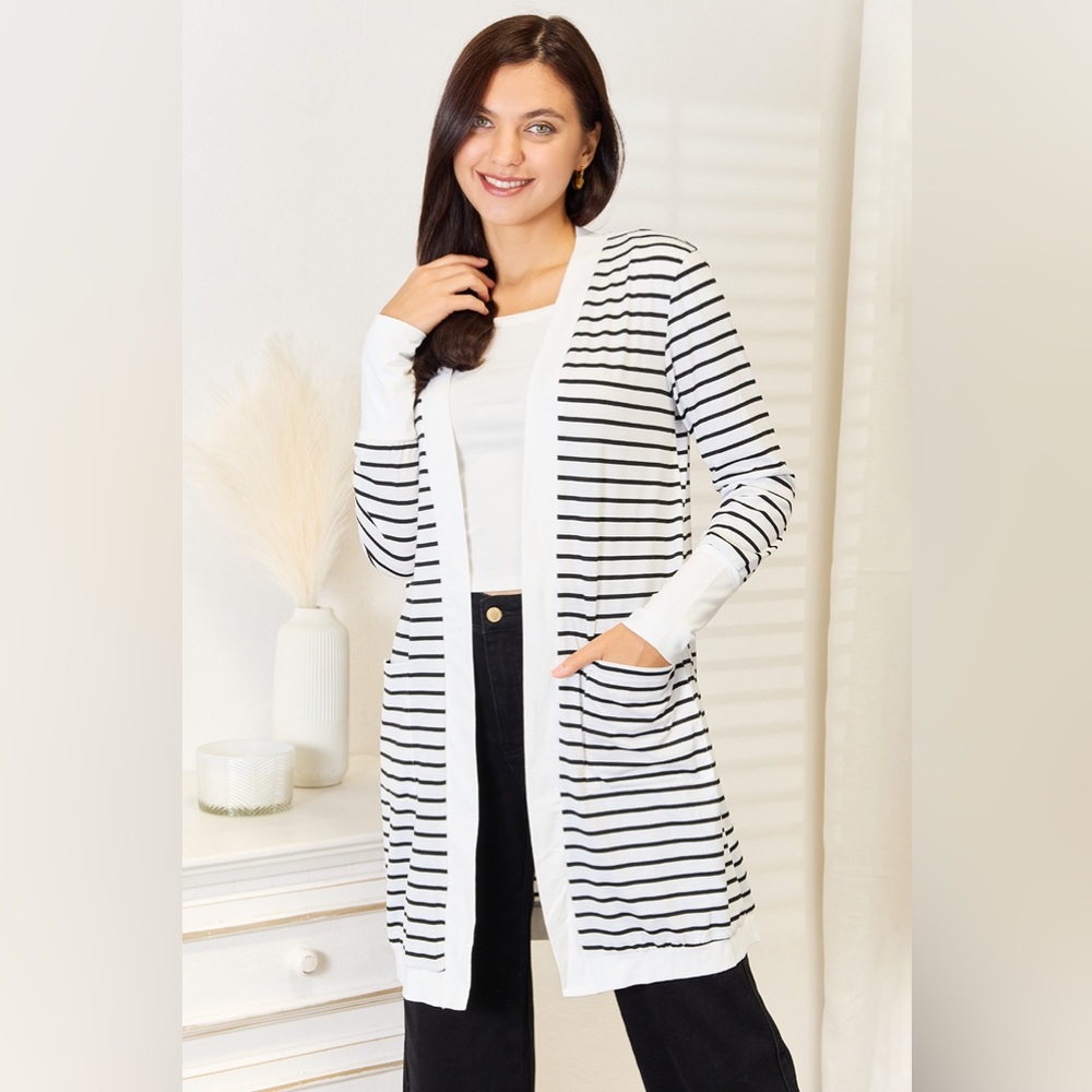 NEW**-Double Take Striped Open Front Longline Cardigan OFFERS WELCOME